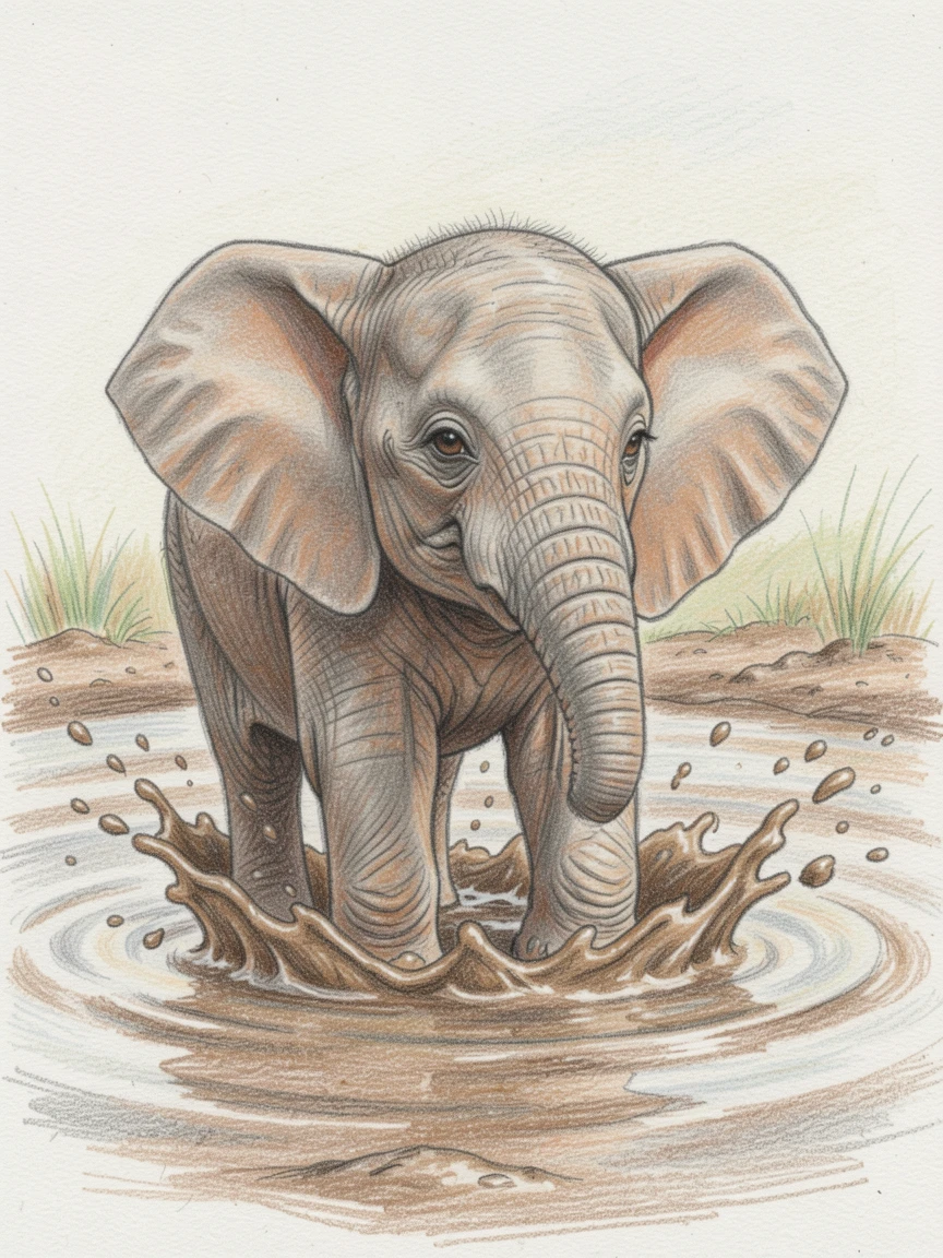 A curious baby elephant splashing in a muddy watering hole, with delicate details in the fur and expressive eyes, celebrating the simple beauty of the animal world.