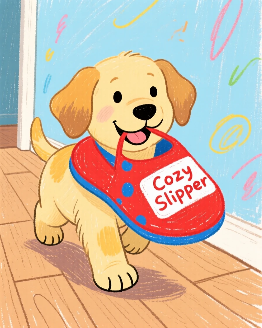 A Labrador puppy carrying an oversized slipper across a hallway.