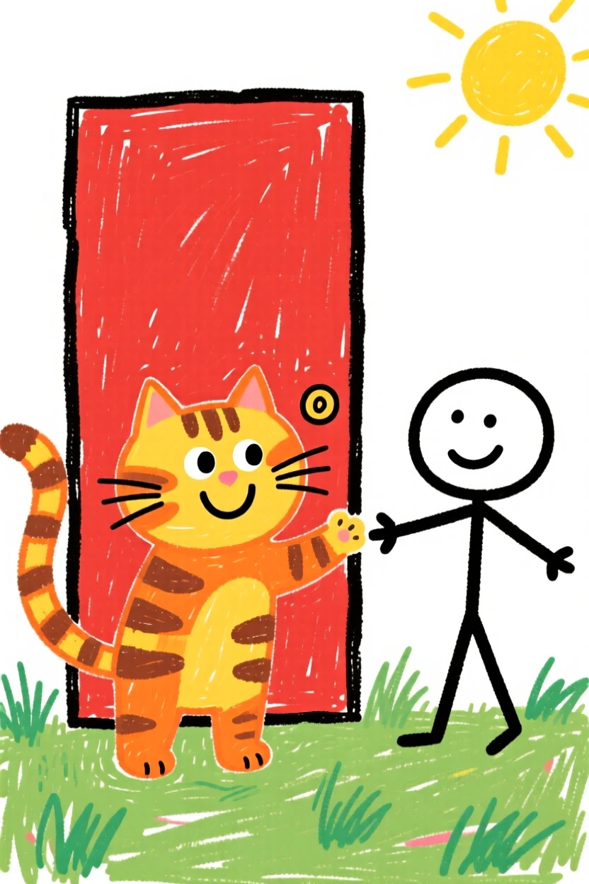 A playful tabby cat greeting its owner at the front door with a wagging tail.