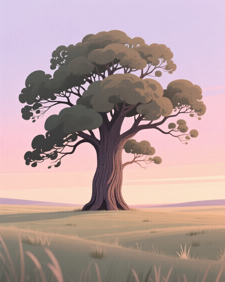 A towering ancient oak standing alone in an open field under a pastel sunset sky.