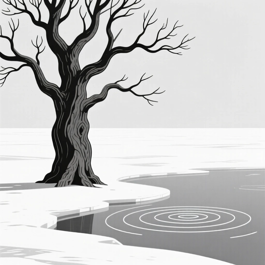 An ancient oak tree, standing at the edge of a frozen tundra, with ripples spreading across still water nearby, evokes serene isolation.
