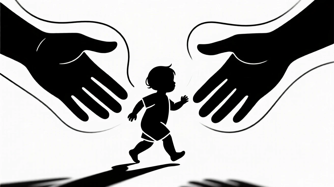 A child's first steps toward outstretched arms.