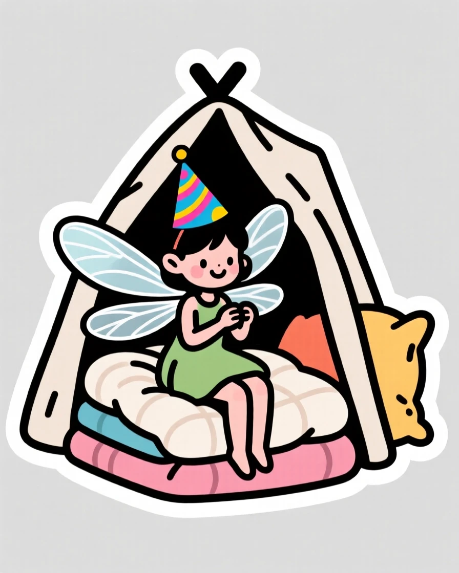 A playful small dragonfly fairy holding a paper party hat, inside a cozy blanket fort.