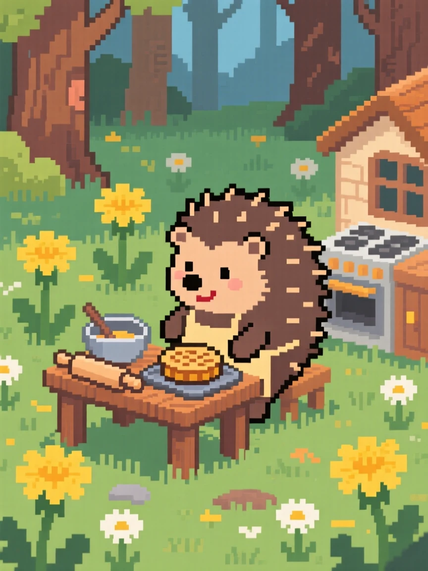 A tiny hedgehog baking a miniature pie in a woodland kitchen, in a meadow full of dandelions.