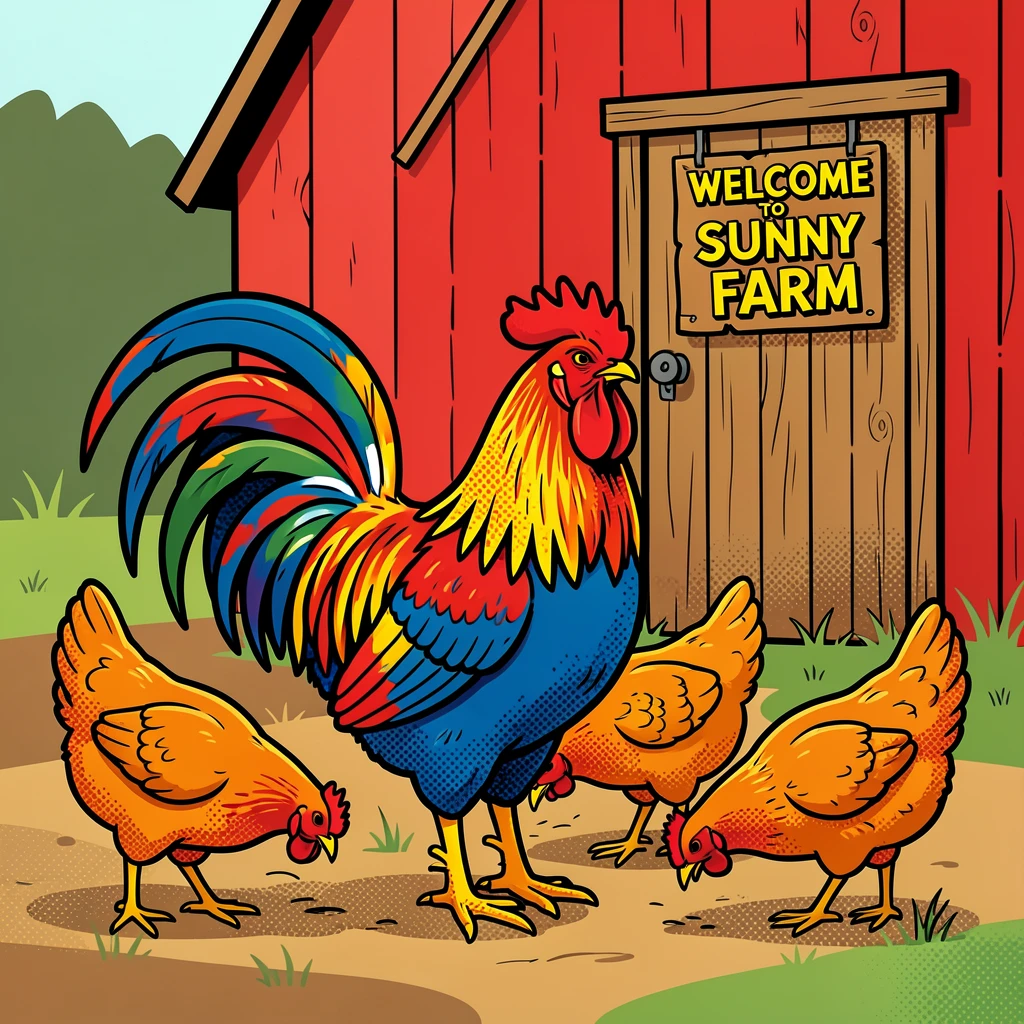 A rooster and hens pecking around a rustic barnyard