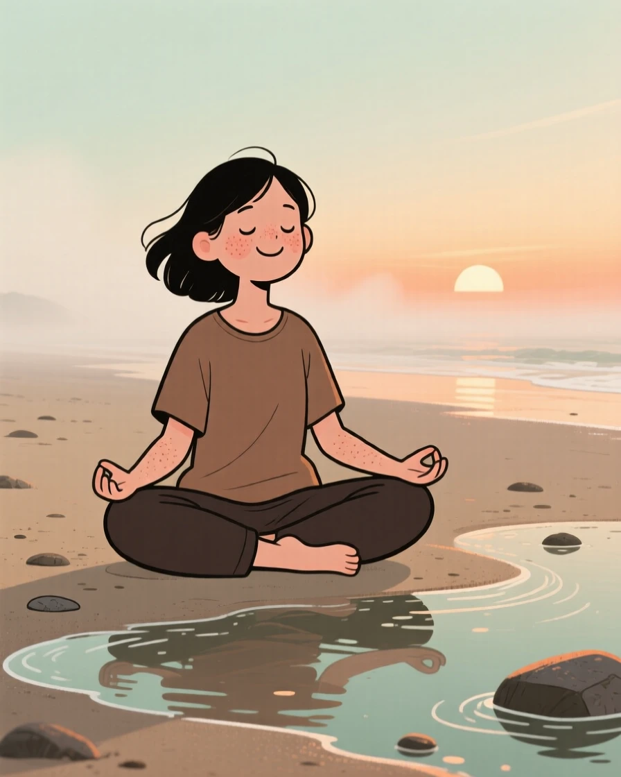 A young woman practices quiet meditation on a quiet beach at low tide at sunrise, breathing slowly as soft mist surrounds them.