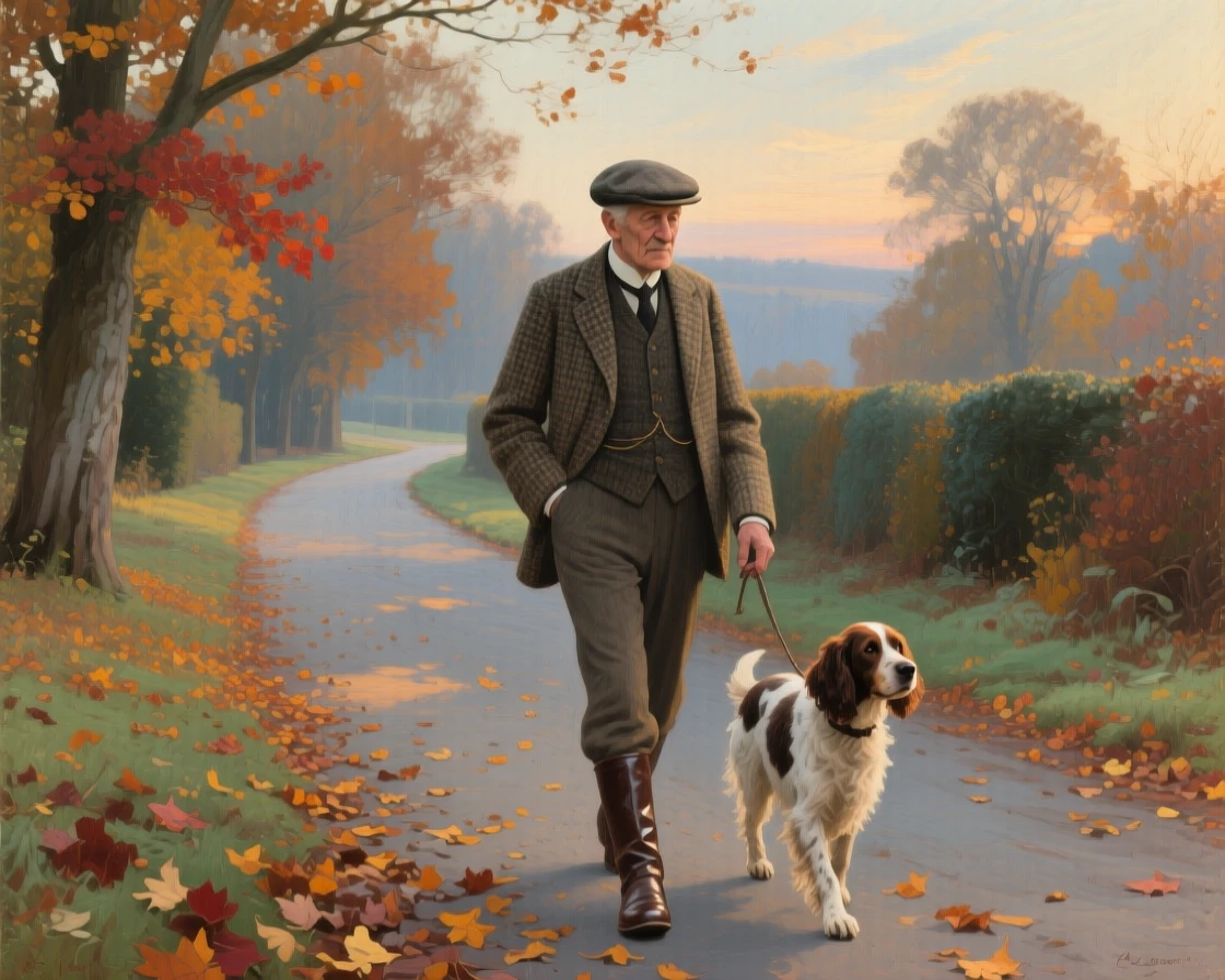 A balanced composition of an old man walking his dog along a quiet autumn lane, in the Edwardian era, in the pale light of early evening.
