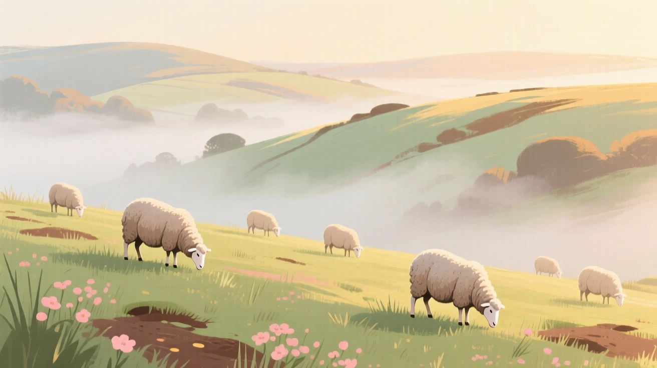 A pasture blanketed in morning mist with grazing sheep