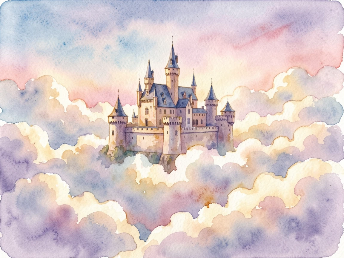 A castle floating among the clouds bathed in soft magical light.