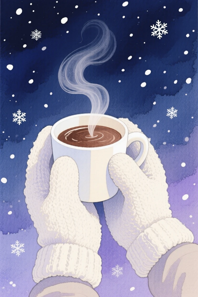 A pair of mittened hands hold a single cup of hot cocoa while walking through falling snow at night