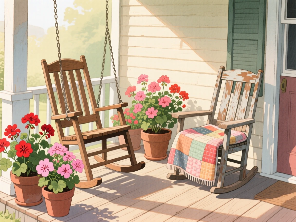 A porch swing gently rocking beside pots of blooming geraniums, with a worn quilt draped over the nearest chair, capturing the quiet beauty of everyday rituals.