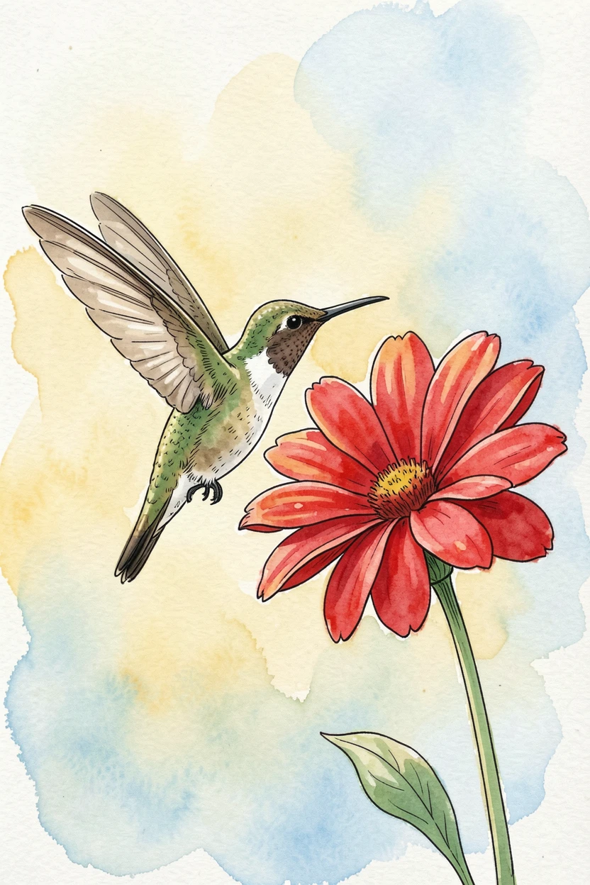 A hummingbird hovering beside a bright red flower, wings a blur of motion in the morning light