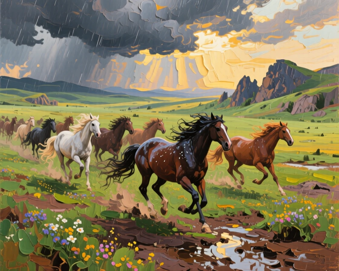 a herd of wild horses on an open plateau, just after a summer storm, with a balanced, spacious view of the surroundings.