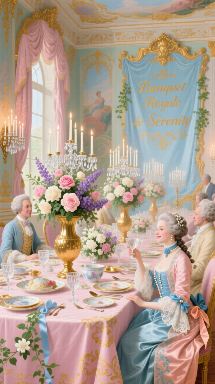 A royal banquet illuminated by hundreds of candles and towering floral arrangements  