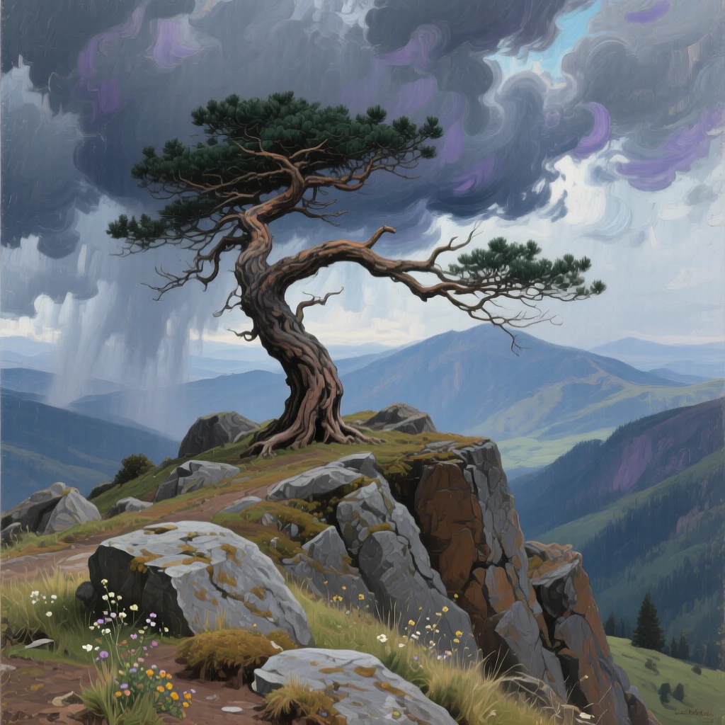 An ancient wind-bent pine standing alone on a mountain ridge, as storm clouds gather dramatically on the horizon, evoking a profound sense of scale, silence, and wonder