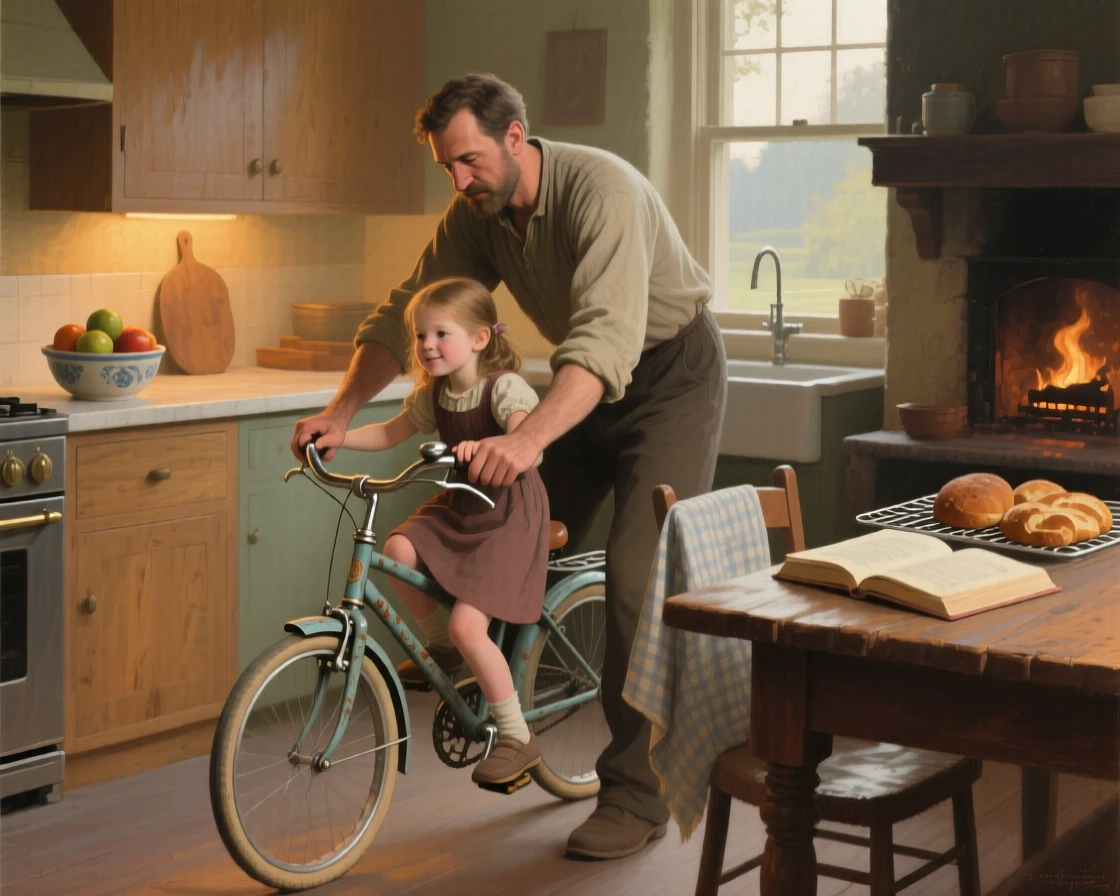 A father teaching his daughter to ride her first bicycle at the exact instant a memory is quietly being made, set within a warmly lit kitchen filled with the smell of baking, with small, telling gestures like a held hand or a shared glance; warm, low light wraps the family in a comforting glow, suggesting the enduring bonds between generations.