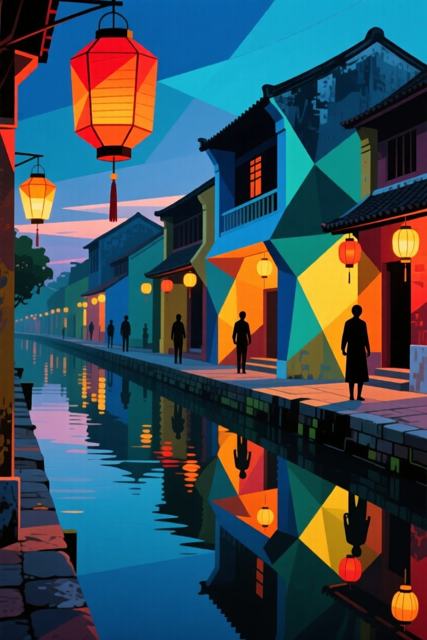 A lantern-lit street in old Hoi An reflected in a calm canal at dusk.