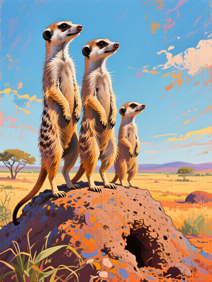 A meerkat family standing alert on their hind legs atop a termite mound, scanning the horizon