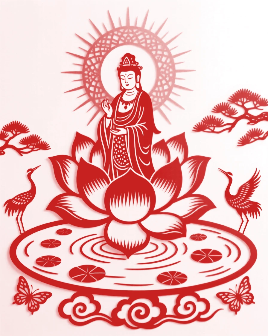 A mountain deity, emerging from a lotus blossom in a sacred pond, surrounded by a halo of golden light.
