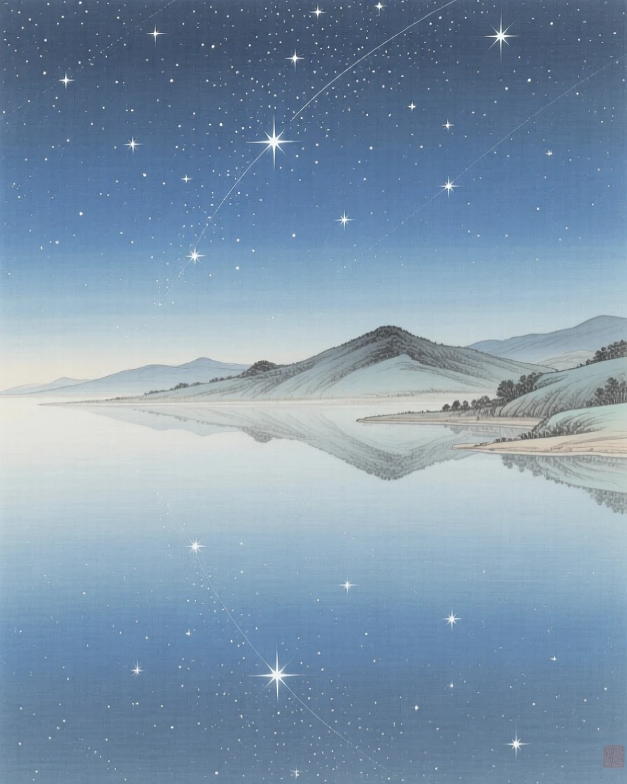 A starry sky reflected in a still lake, reflected perfectly in the still water below