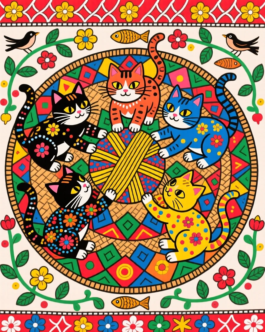 A litter of kittens playing with a ball of yarn on a woven mat.