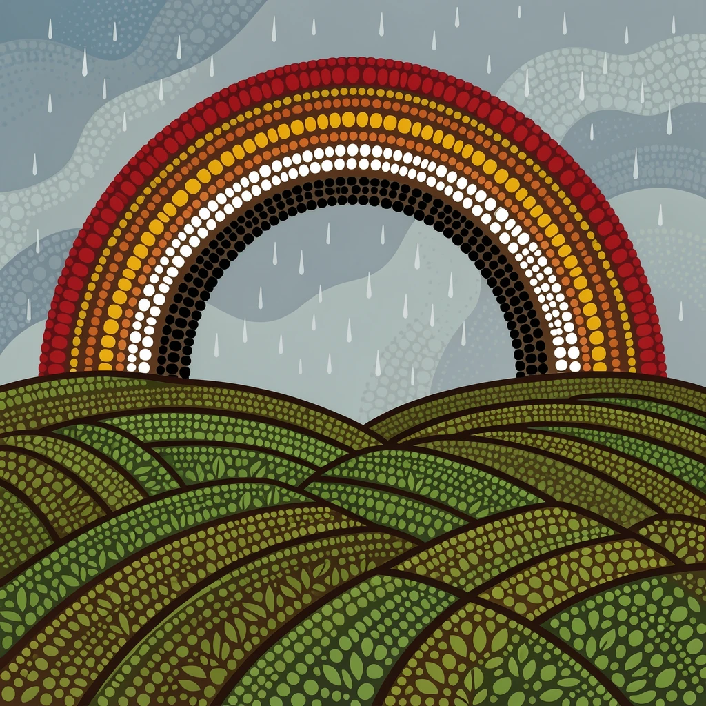 A green tea plantation beneath a rainbow after rain