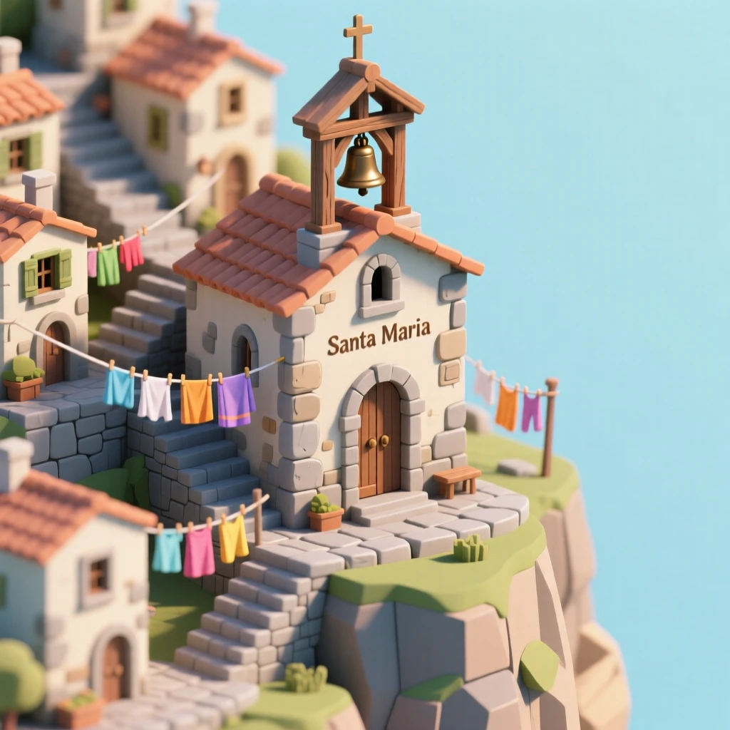 A cliffside village of stacked stone houses connected by narrow staircases, laundry lines crossing between buildings, and a small chapel bell tower rising above the rooftops.