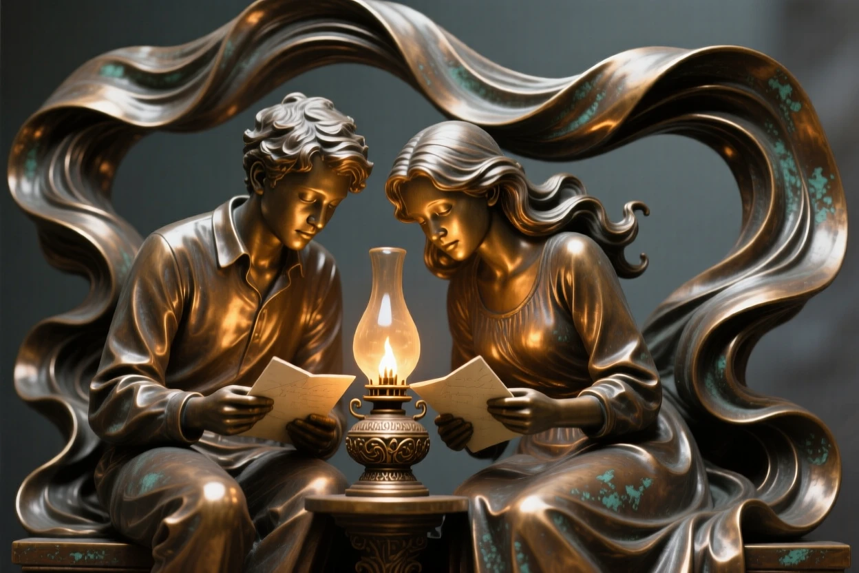 A young couple reading letters by lamplight, surrounded by swirling fabric and motion, forming a strong central focal point