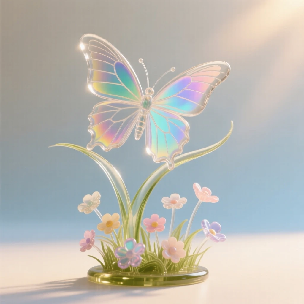 A butterfly with iridescent wings resting peacefully in a sunlit meadow scattered with wildflowers, a gentle breeze bending the grass, evoking warmth and tranquility.