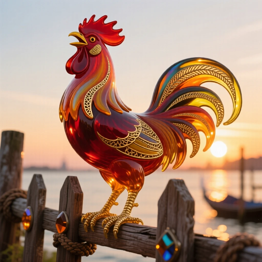 A proud rooster crowing atop a rustic fence at sunrise, spirited and full of character.