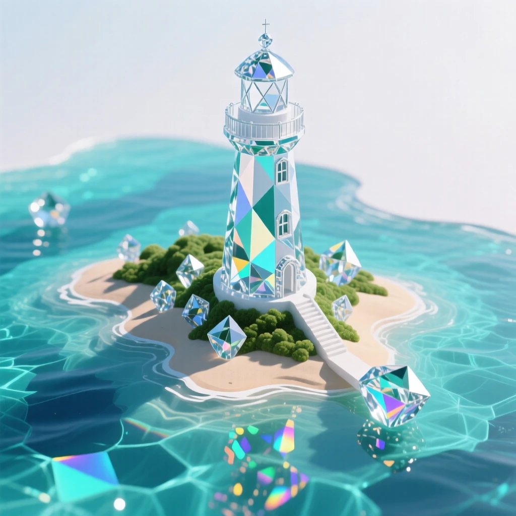 A remote lighthouse island surrounded by turquoise shallows, aerial composition.
