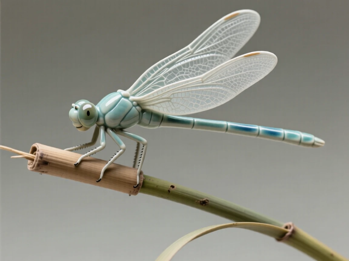 A dragonfly balanced on a slender reed perched gracefully in a moment of stillness, its feathers ruffled gently by the wind, capturing a serene moment suspended in time.