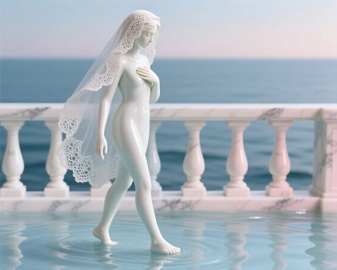 A musician walking barefoot through shallow water, wearing a delicate lace veil, one hand resting gently over her heart, set against a marble balcony overlooking the sea.