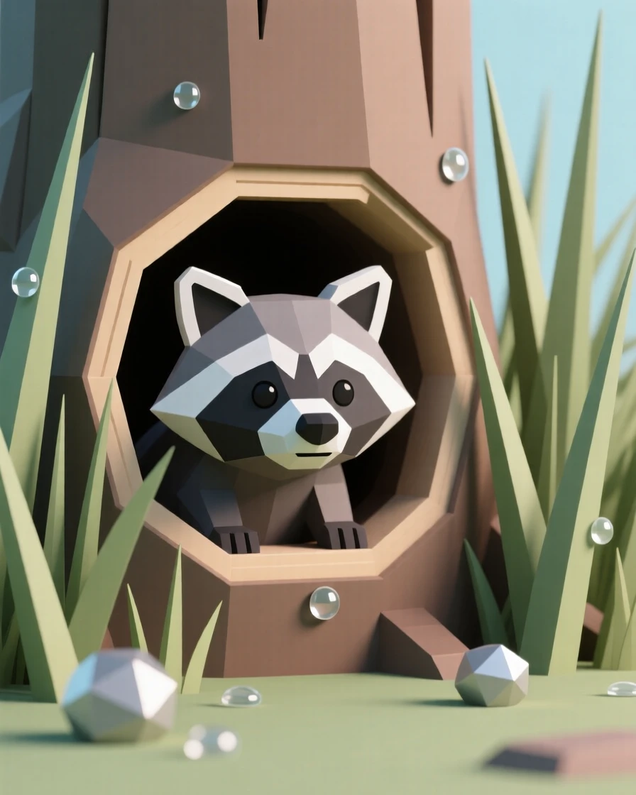 A curious raccoon peeking out from a hollow log, amid tall swaying grass. water droplets and fine textures catch the light. There is a sense of quiet wonder.