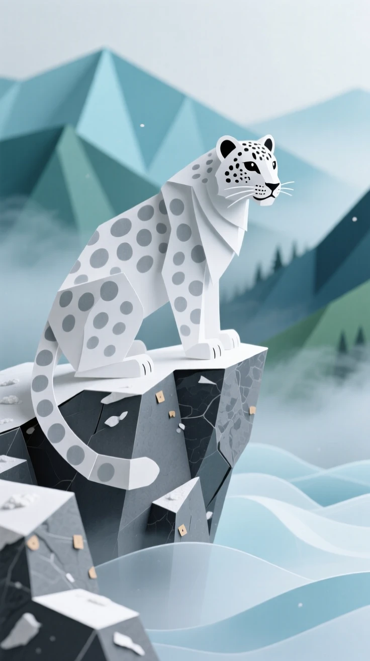 A snow leopard perched on a rocky mountain ledge overlooking a misty valley, its thick coat blending with the snow, conveying elusive grace and untamed wilderness.