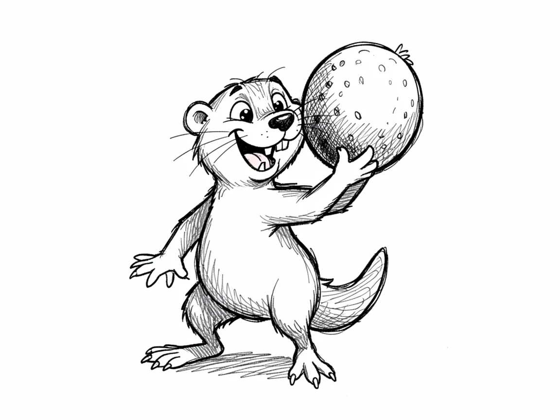 A grinning otter carrying a berry like a trophy.