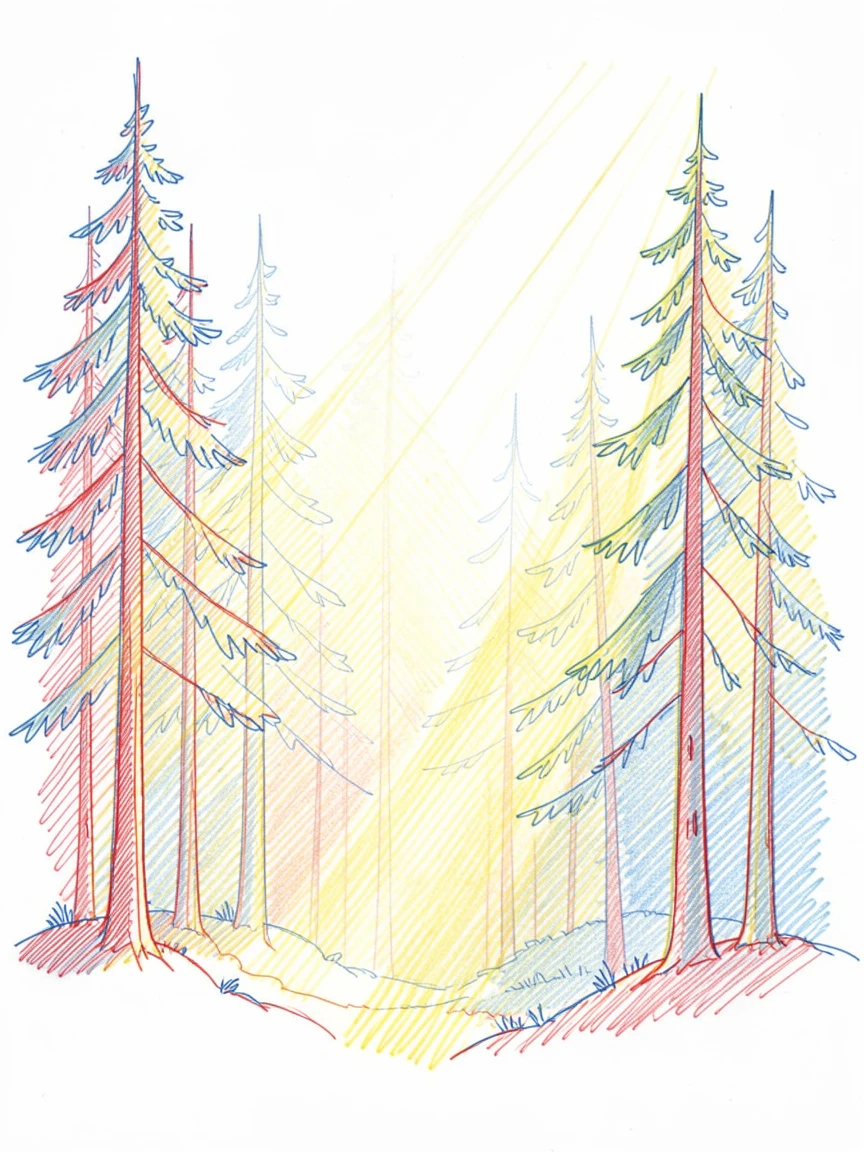 A dense fog rolling through a pine forest, sunlight breaking through in golden shafts