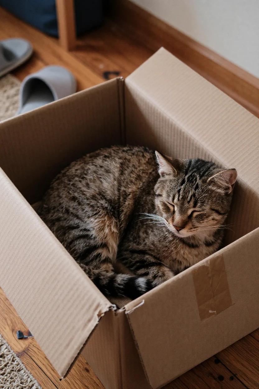 A cat naps curled inside an open cardboard box that is clearly too small for it.