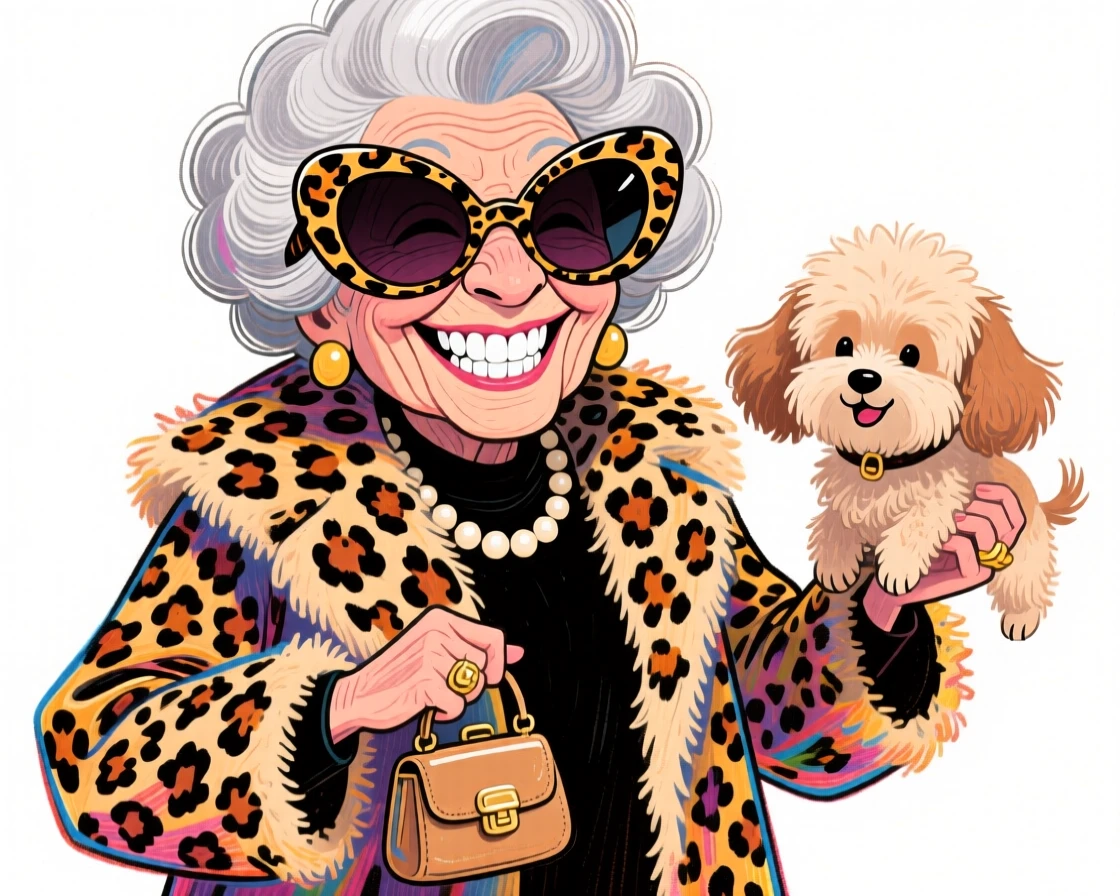 A glamorous grandmother in a leopard-print coat and giant sunglasses, holding a tiny purse dog.