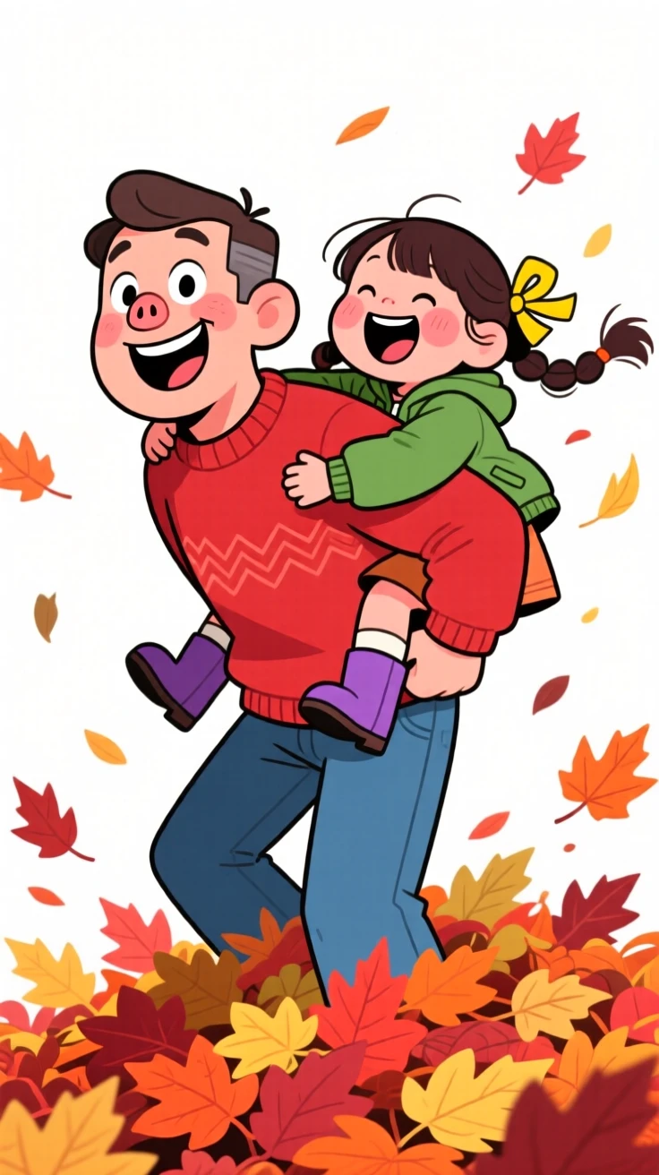 A heartwarming scene of a dad giving his daughter a piggyback ride through a pile of autumn leaves, both laughing with rosy cheeks.