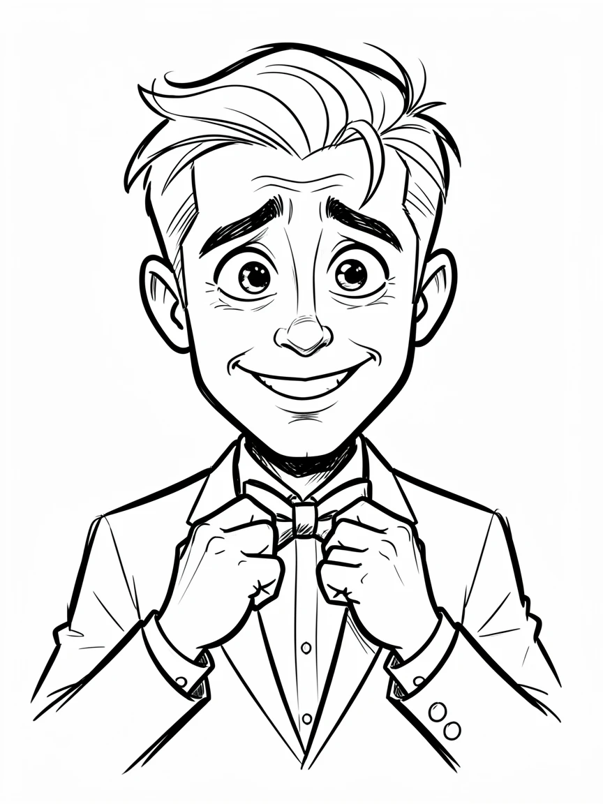 [People Portraits & Characters] Portrait of a handsome groom adjusting his bow tie with a nervous smile, full of personality and charm