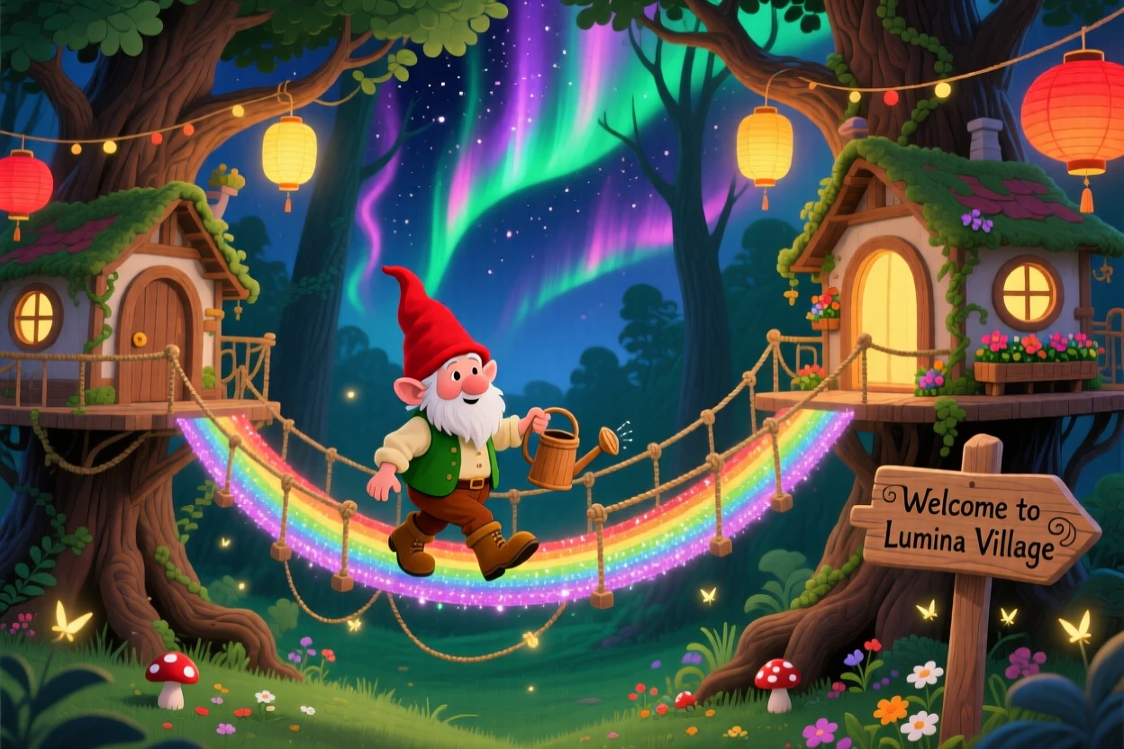 A tiny gnome gardener is crossing a bridge made of rainbow light in a treehouse village strung with lanterns, as the northern lights ripple overhead.