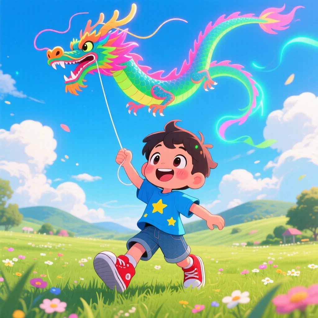 A small boy flying a kite shaped like a dragon in an open grassy park under a breezy sky beneath fluffy drifting clouds; neon-lit glow washes over the scene as triumphant pride fills the moment. Worm's-eye view.