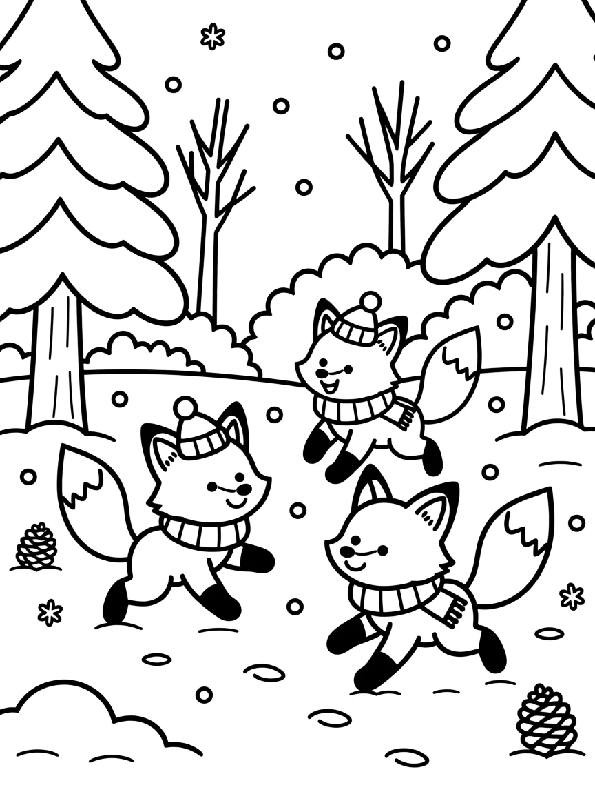 A litter of foxes playing tag in a snowy forest