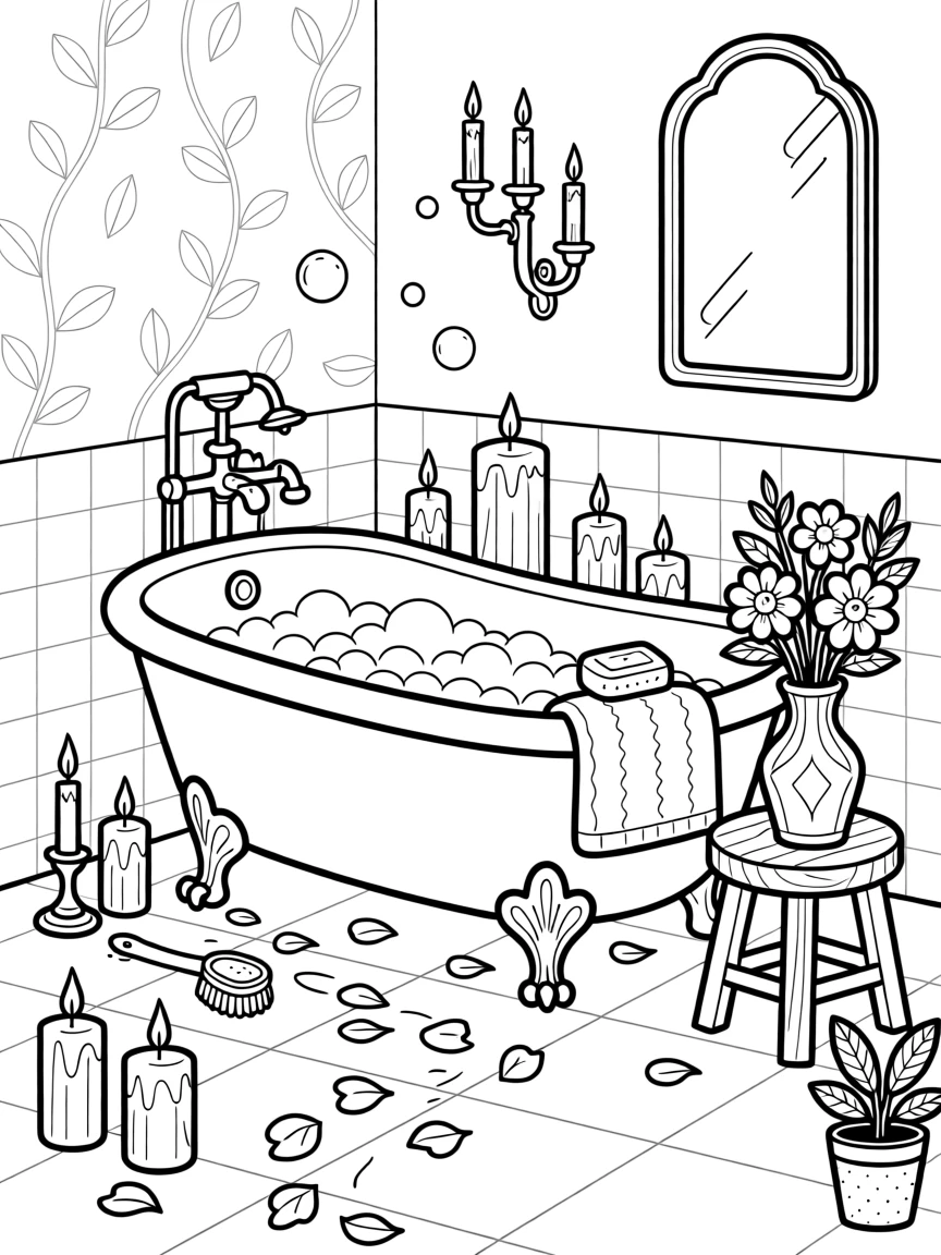 A bathtub surrounded by candles and flower petals, with a trail of fallen petals scattered below.