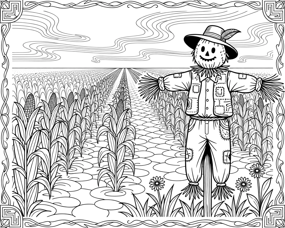 A cornfield with a weathered scarecrow leaning at the edge of the rows.