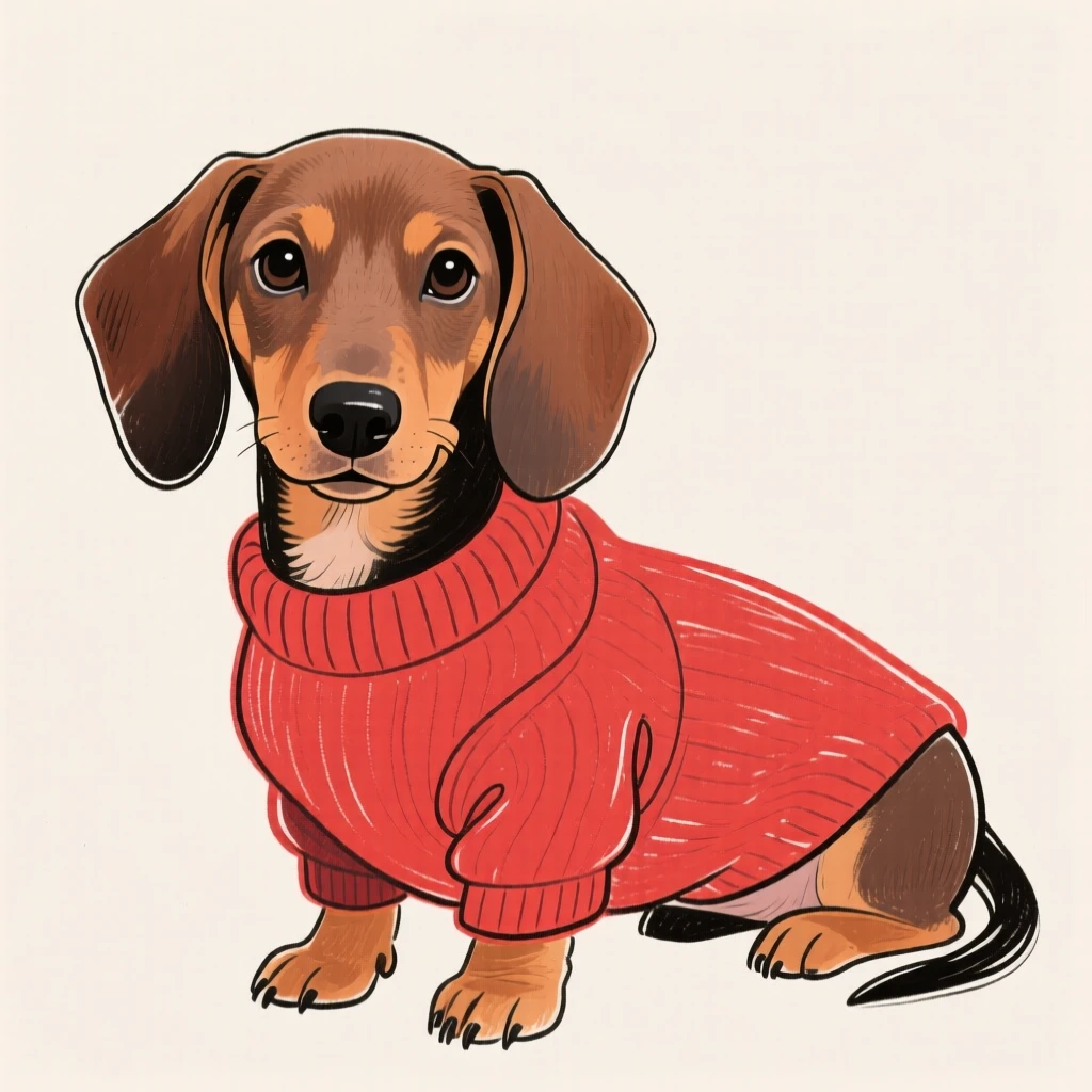 A dachshund puppy in a sweater.