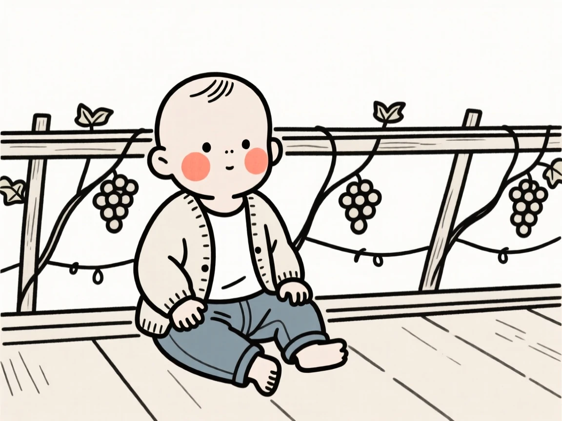 A curious baby of Filipino heritage in a soft cardigan and jeans, exuding gentle warmth, on a vineyard terrace.
