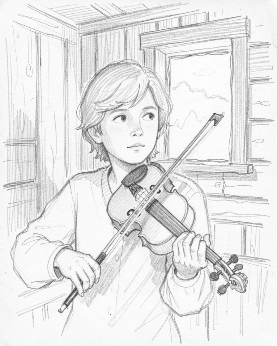 A tender portrait of a violin prodigy, gazing thoughtfully into the distance, inside an old wooden cabin.
