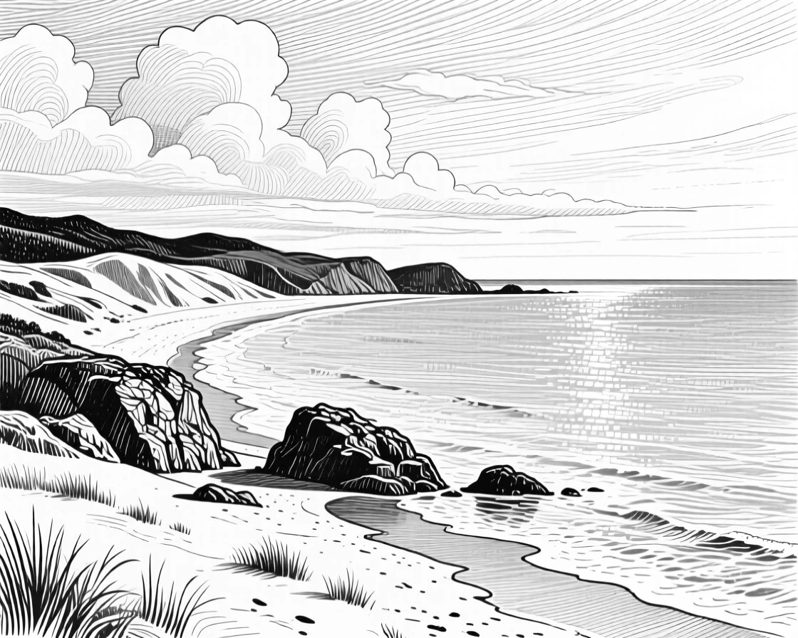 A curved coastline beneath a sky filled with drifting clouds, with reflections shimmering on the water's surface, evoking a softly romantic atmosphere in a wide, balanced composition.